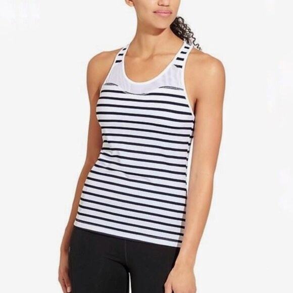 Athleta Hyper Stripe Sports Performance Bra Tank Top Off White & Navy Size XS - Picture 2 of 9